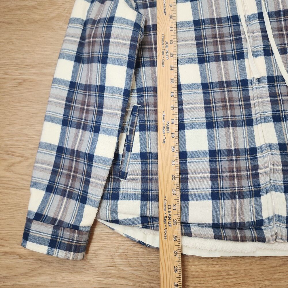 LL Bean Sherpa Lined Flannel Shirt Womens XL Blue Plaid Cozy Warm Jacket Hooded - Picture 8 of 12